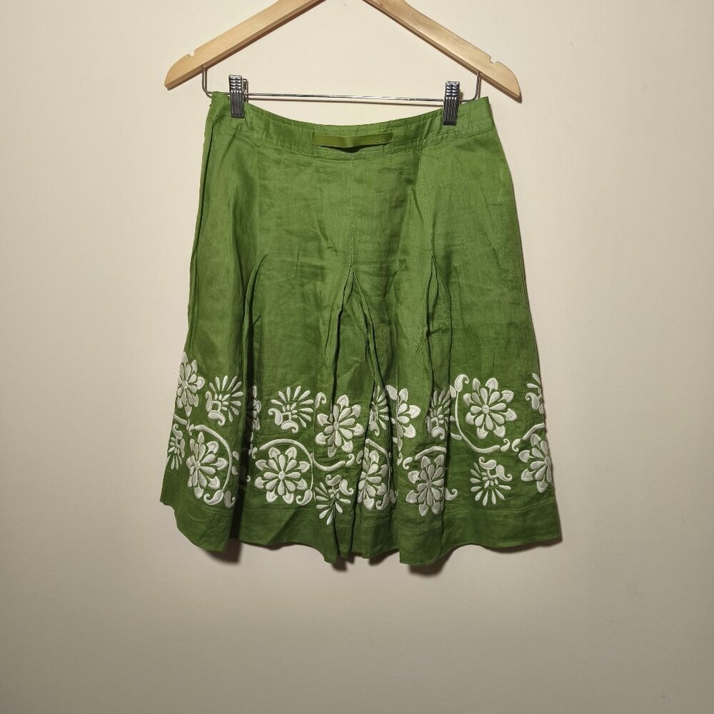 y2k Ann Taylor Pleated Embroidered Knee Length Skirt sz 4P Green Ivory